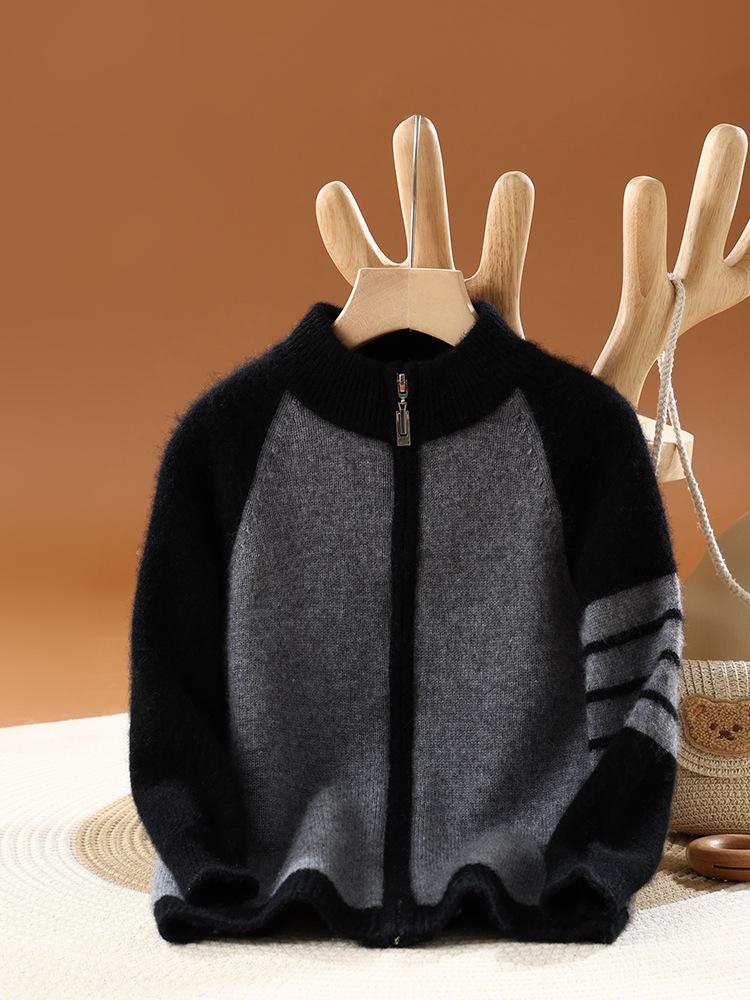 Kids Pure Wool Half-High Collar Zipper Cardigan - Thick Knit for Autumn/Winter 120 cm