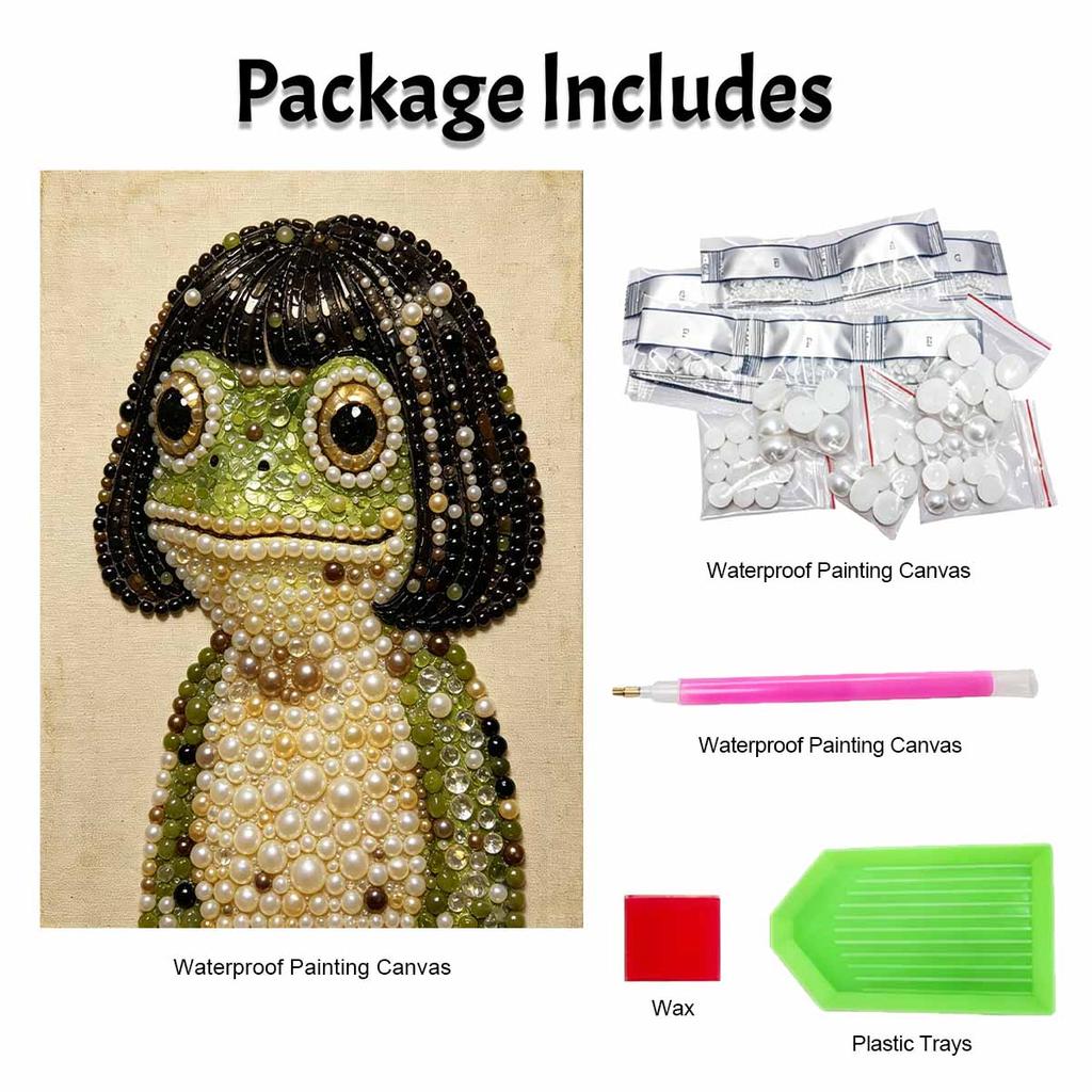 Handmade Framed Pearl Painting Set with Cute Bob Hair Frog Design 5D Shiny Bead Art Canvas Creative Craft for Room Decor Art Wall Decoration