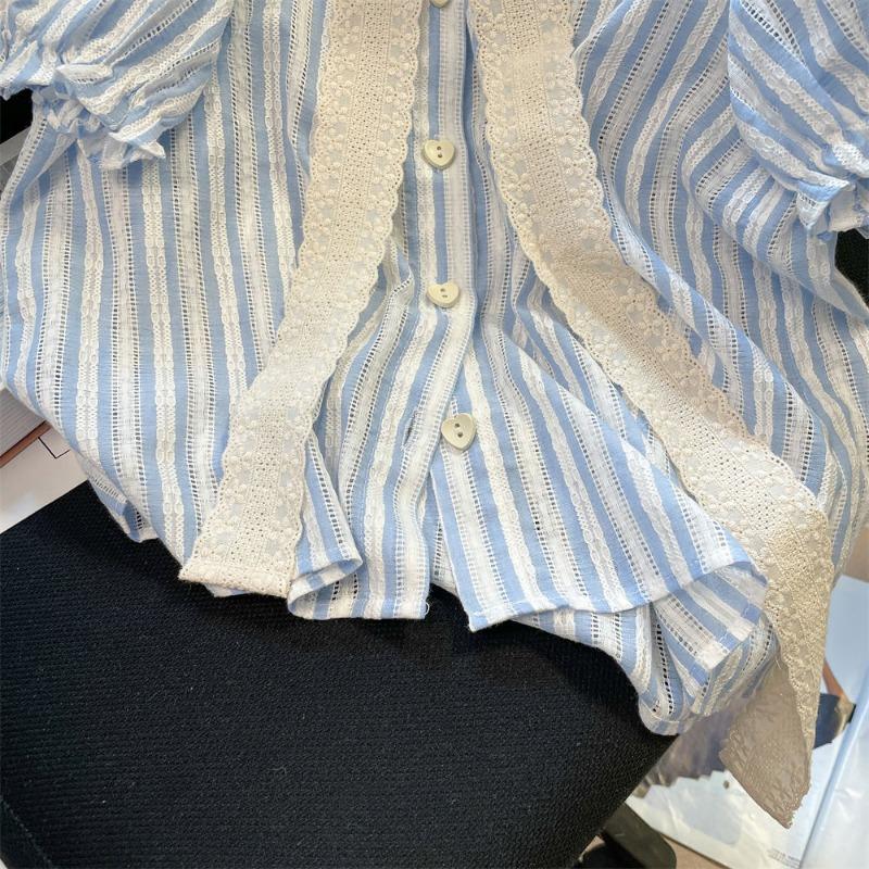 Französische Spitze Schleife Damen Gestreiftes Hemd Koreanisch Minimalistisch Puffärmel Dame Kurzarm Sommer Kontrastierendes Mode Oberteil