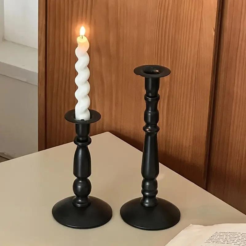 Ins American retro black wrought iron candlestick dining table atmosphere decoration ornament Roman pillar candle stand