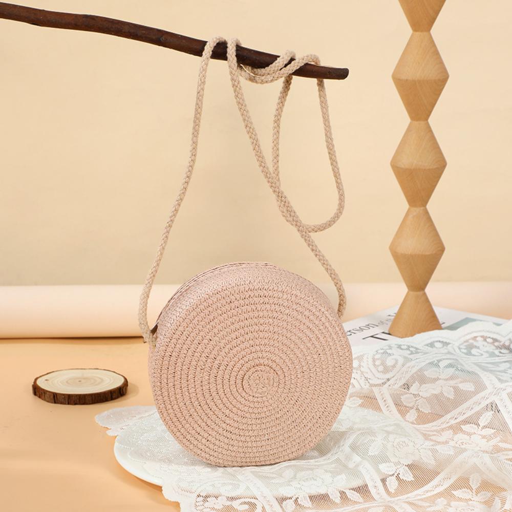 Summer Cute Large Straw Bag Woven Bag for Women, New Seaside Beach Straw Woven Small Round Bag, Mobile Phone Bag, Crossbody