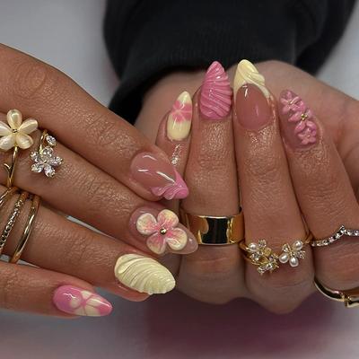 Verão tridimensional desejo puro gradiente flor de gelo branco temperamento versátil estilo europeu e americano arte de unhas removível 24 peças