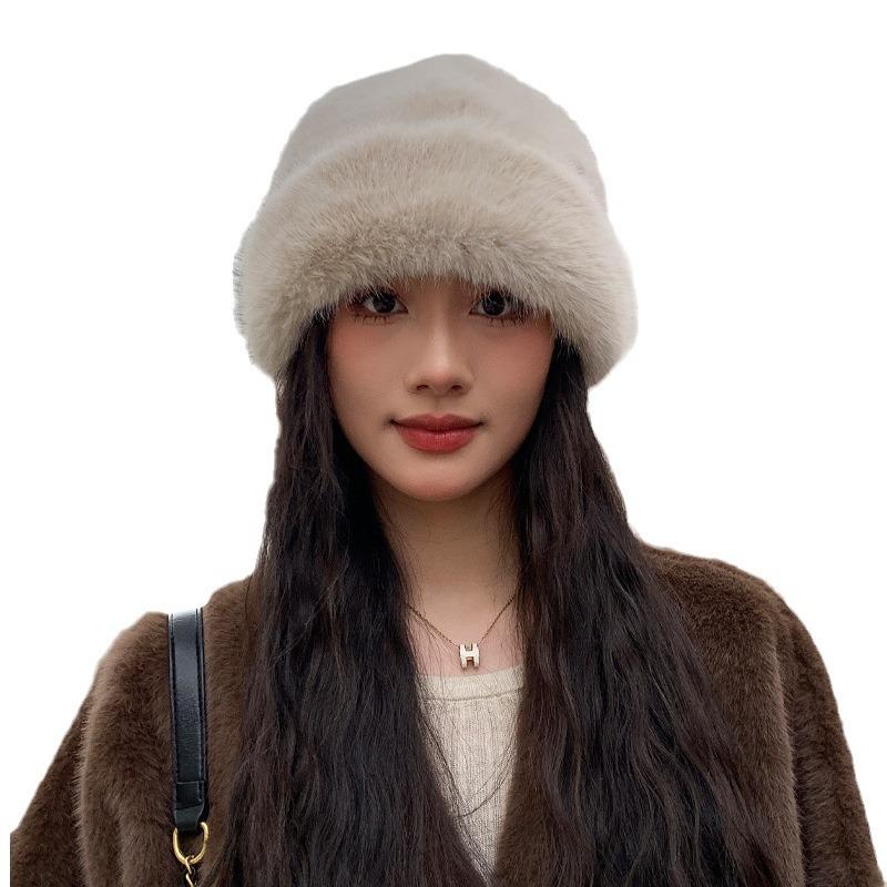 Autumn and Winter Hat Women's Solid Color Versatile Imitation Mink Mongolian Hat Winter Imitation Fur Warm Bucket Hat Thick