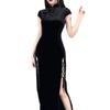 Velvet Black Retro Cheongsam with Slit - Long Chinese Style Dress