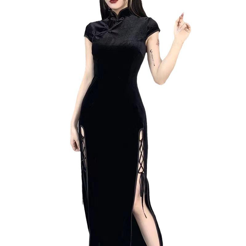 Velvet Black Retro Cheongsam with Slit - Long Chinese Style Dress