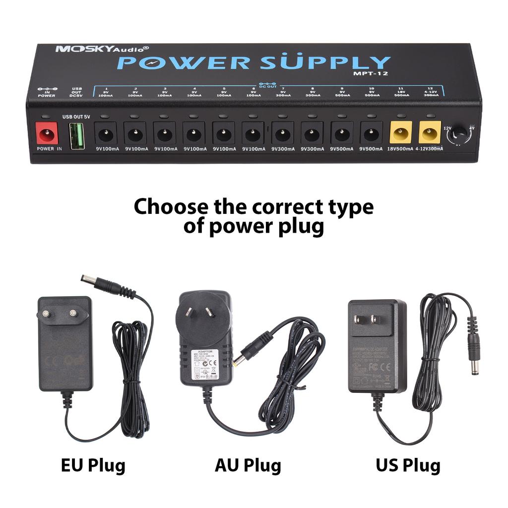MOSKYAUDIO 12kanálový napájecí zdroj pro kytarový pedál s nezávislou LED ochranou proti zkratu