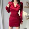 Korean Spring 2026 Sexy Pleated Dress: Slim Fit, V-Neck, Hip-Hugging Short Skirt