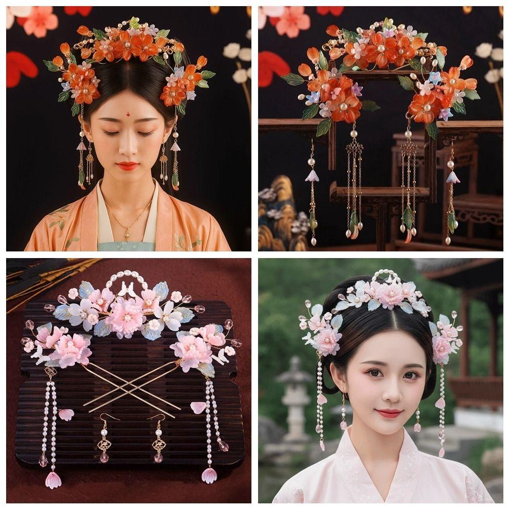 Earring Hanfu Hair Stick Pearl Flower Hair Comb Chinese Style Hairpin Set  Girl Hair Accessories