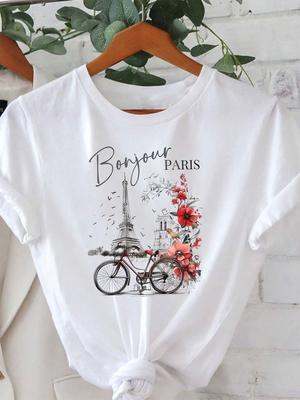 French Hello Paris Eiffel Tower Pattern Printed WomenS TShirt Casual Round Neck Spring And Summer Top Short Sleeves