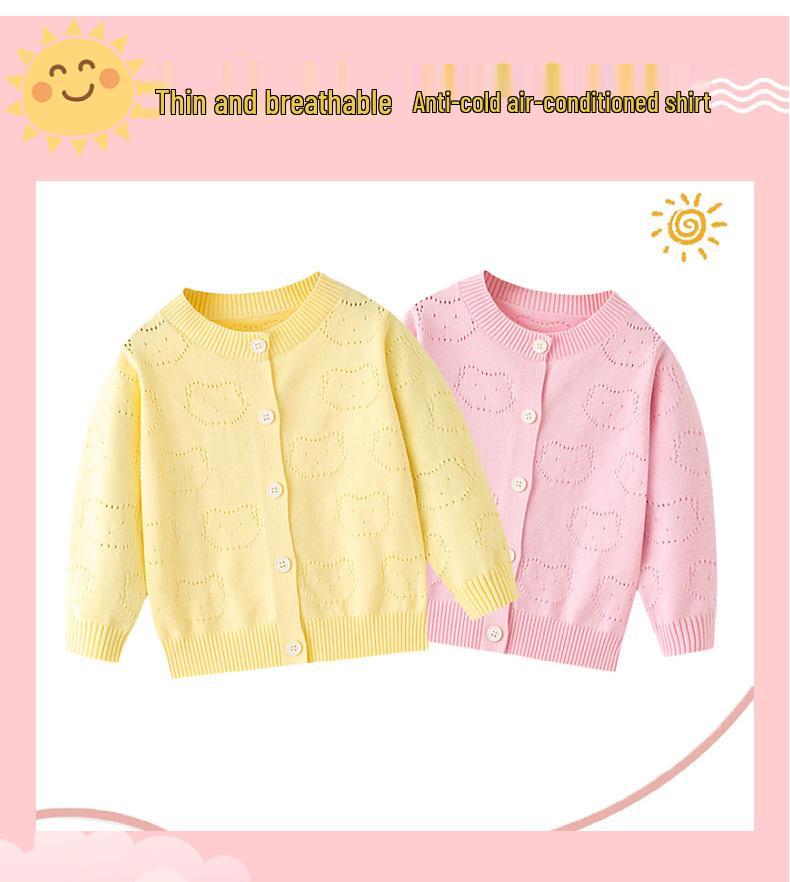 2026 Girls' Baby Bear Hollow Knit Cotton Cardigan: Spring/Summer, Lightweight, Long Sleeve, Airy Knit