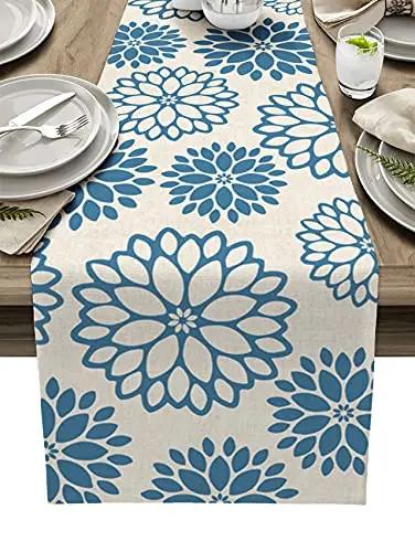 Automne Kaki Orange Dahlia Lin Chemin de Table Fleurs Colorées Foulard de Commode Décor de Table Fête de Mariage de Vacances Décor de Table à Manger 150x33cm