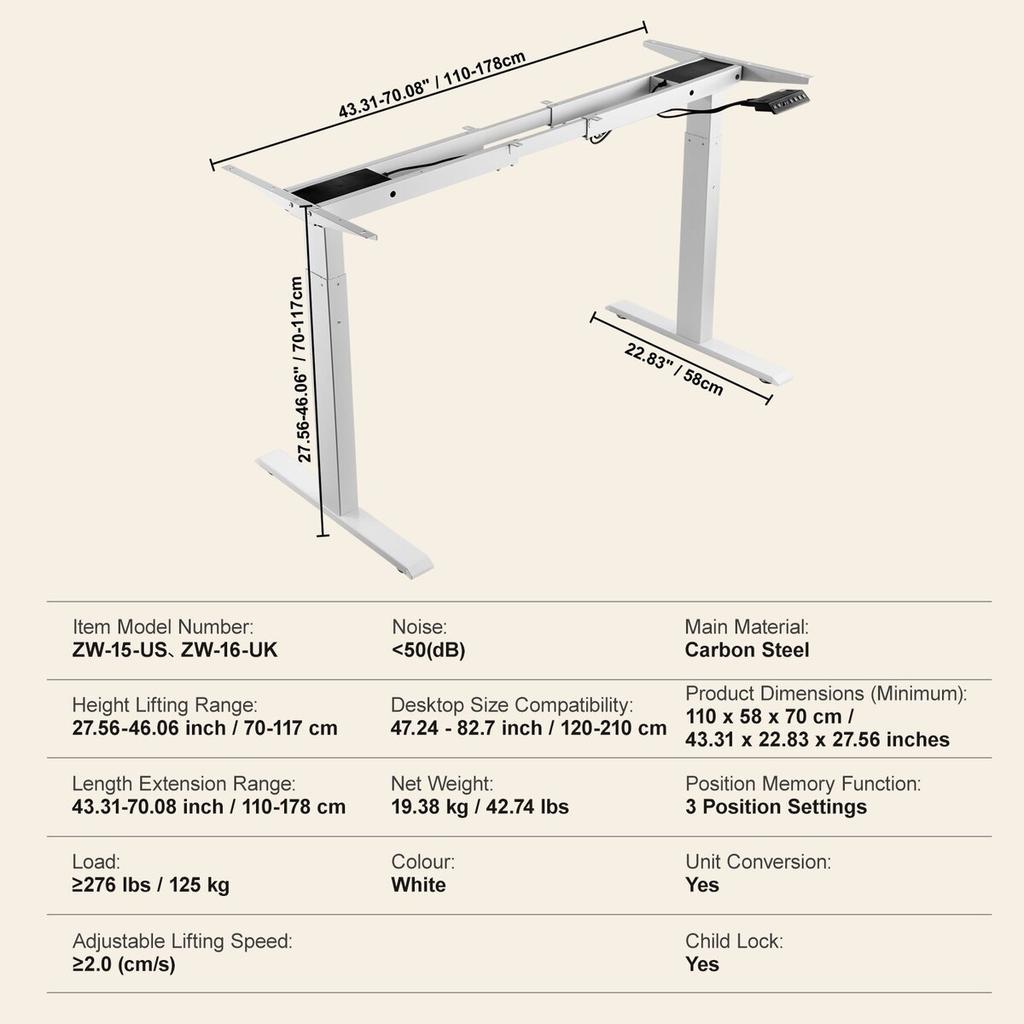 Standing Desk Frame Dual Motor, Adjustable 27.6"-46.1" Height & 43.3"-70.1" Length Electric Stand Up Computer Desk Legs, Ergonomic DIY Workstation