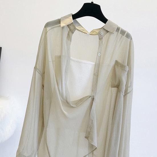 Women Top Beach Cover-up Thin Anti-UV Long Sleeves Solid Color Loose Soft Casual Lapel Spring Summer AC Shirt Sun Protection Coat