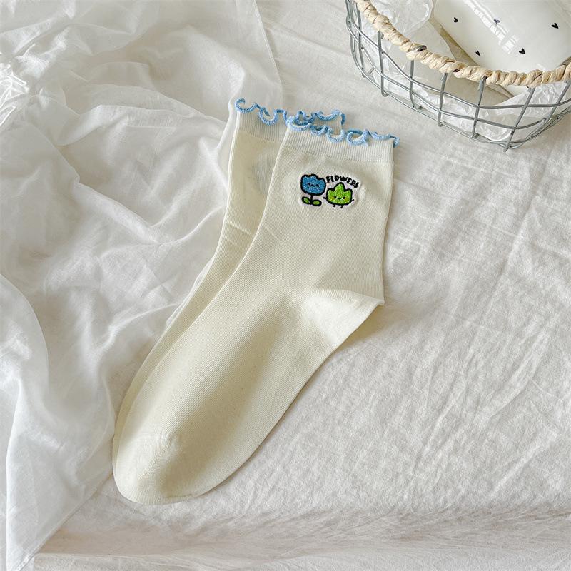 

Белые Черные Носки с Отворотом для Женской Весны и Лета, Тонкие Махровые Носки, Мультяшные Контрастные Носки до Середины Икры 1 pair