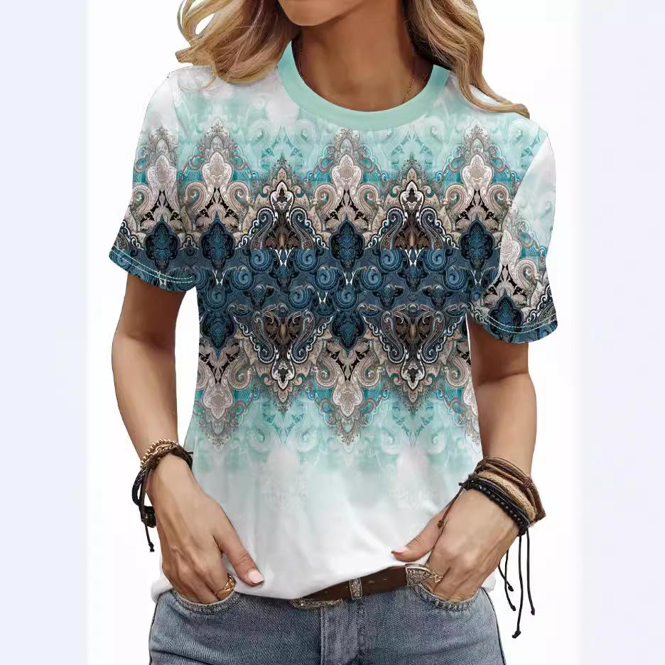 Summer Loose Round Neck T-shirts Ethnic Style Fashionable Straight Tube Short Sleeved Women's T-shirts
