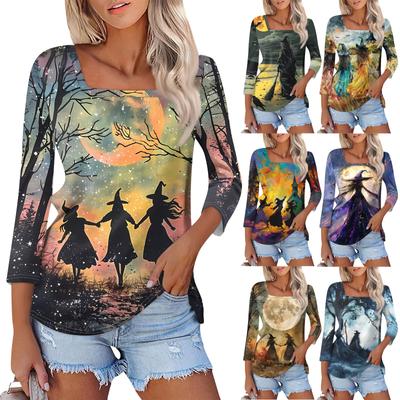 Shirt For Women's Fashion Casual Square Neck 3/4 Sleeve Loose Halloween Printed T-Shirt Ladies Top