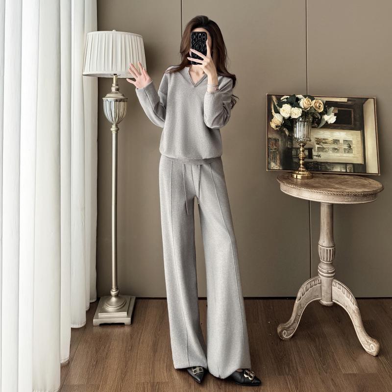 Women's V-Neck Knit Set - Autumn Fashion, Solid Color Two-Piece Trousers and Top
