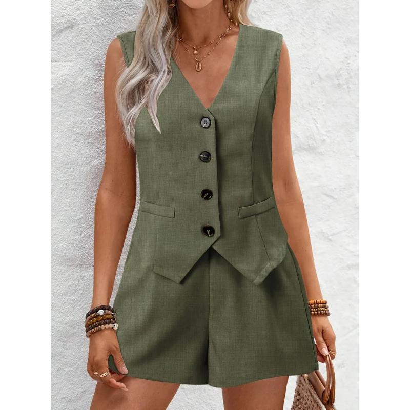 Women's Vest Sets 2 Pcs Sale Sexy V Neck Sleeveless Button Slim OL Blazer Vest&Wide Leg Short Suits