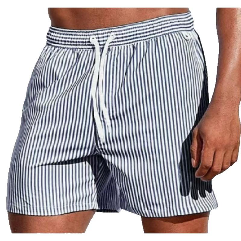 2026 Summer Men's Quick-drying Blue & White Stripe Beach Bermuda Shorts with Elastic Waist