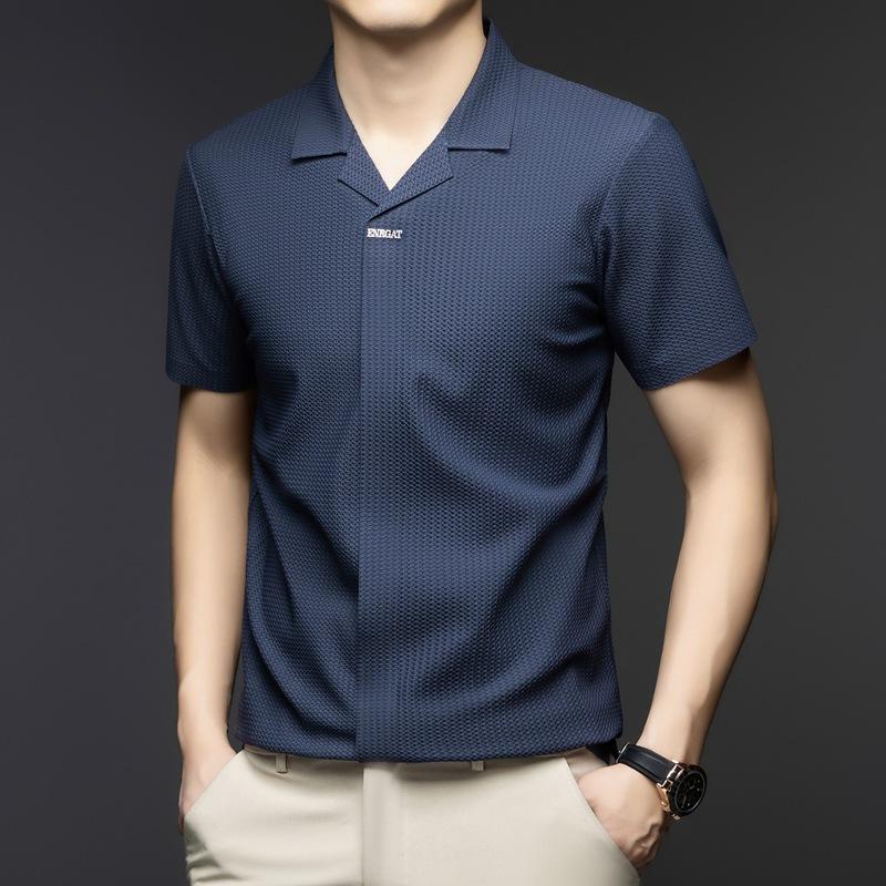 Short Sleeve Men'S Ice Silk Thin V-Neck Casual T-Shirt Medium Blue Polo Bottom Shirt