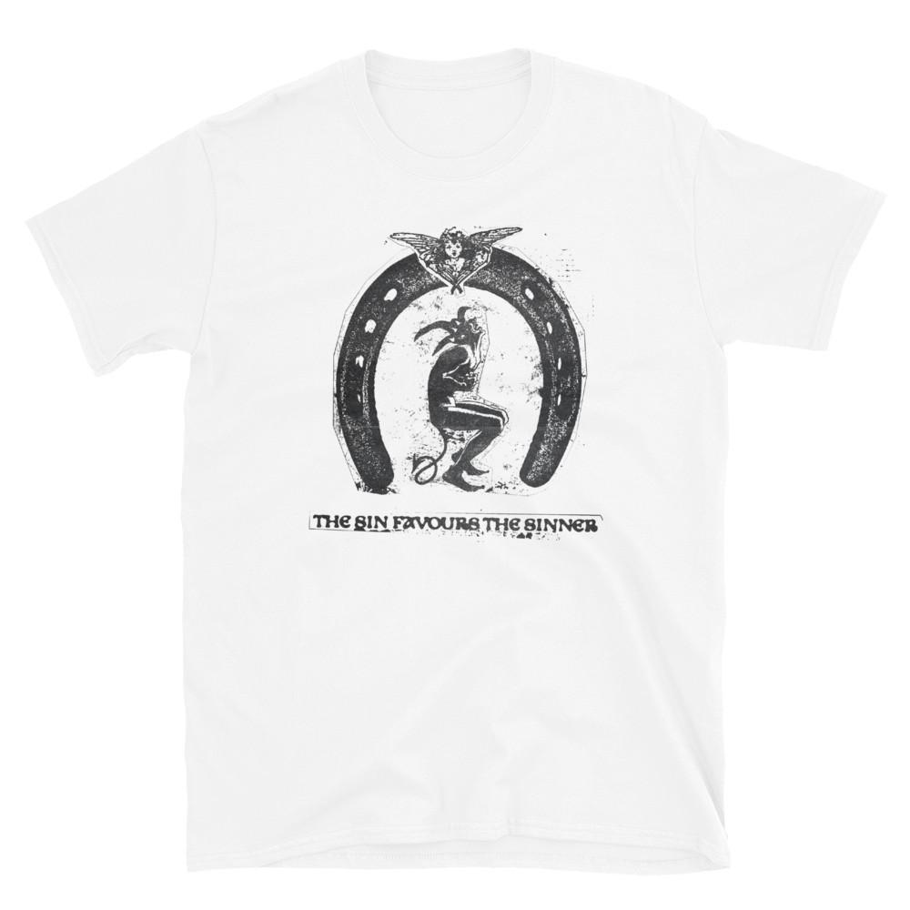 

Demonic Occult Shirt with Lucky Horseshoe Sin Favors the Sinner Dark Fashion Unisex T-Shirt XL