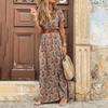 Swirl Print Bohemian Womens Dress with Large Ruffles Short Sleeves Furrow Ruffles and Work Belt