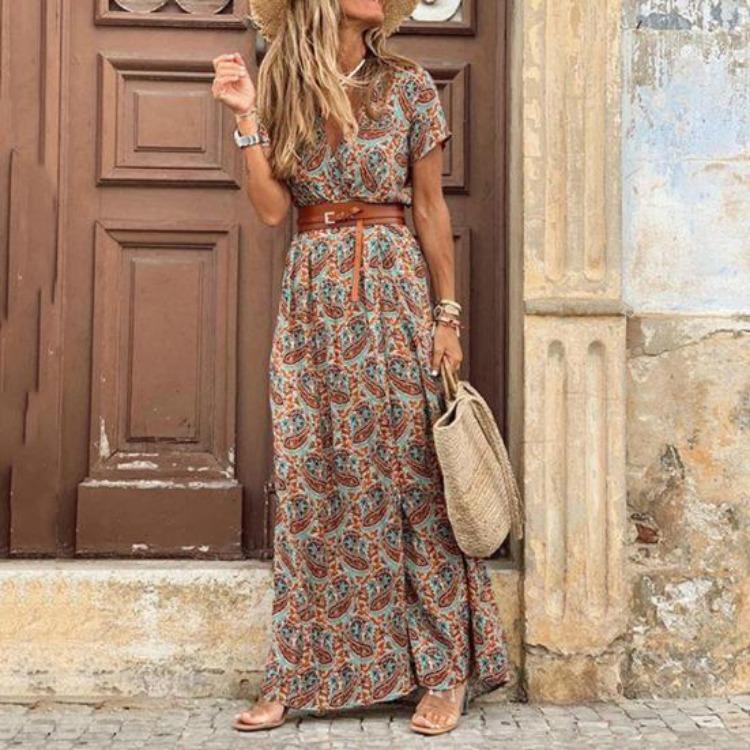 Swirl Print Bohemian Womens Dress with Large Ruffles Short Sleeves Furrow Ruffles and Work Belt