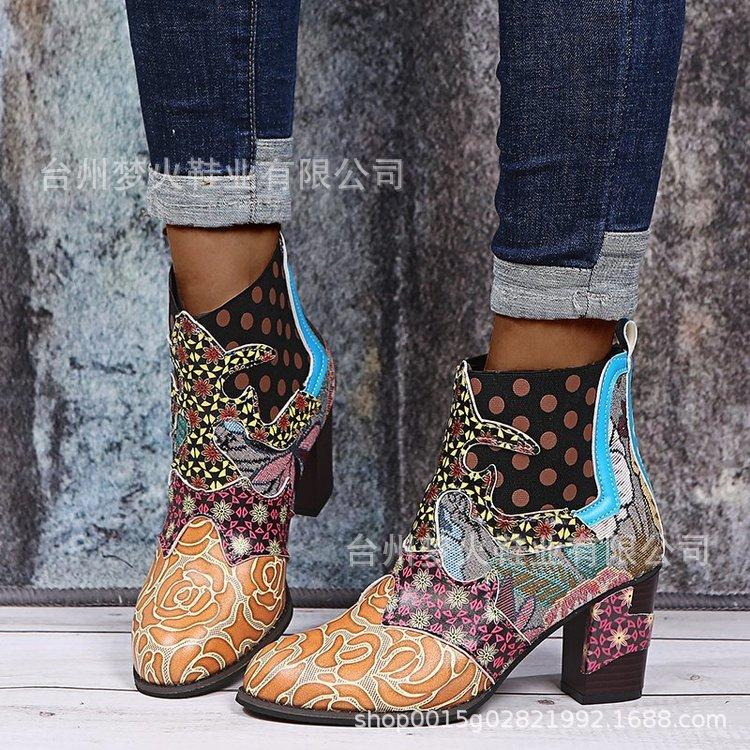 Winter New Classic Retro Fashion Hand-spliced Jacquard Craft Fashion Short Women's Boots
