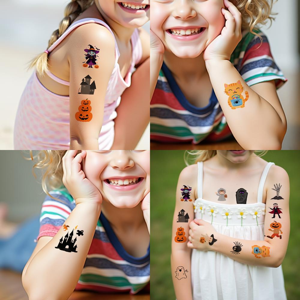 54pcs Temporary Tattoo Halloween Characters Waterproof Long-lasting Body Stickers Cute Monsters Cartoon For Children Girls