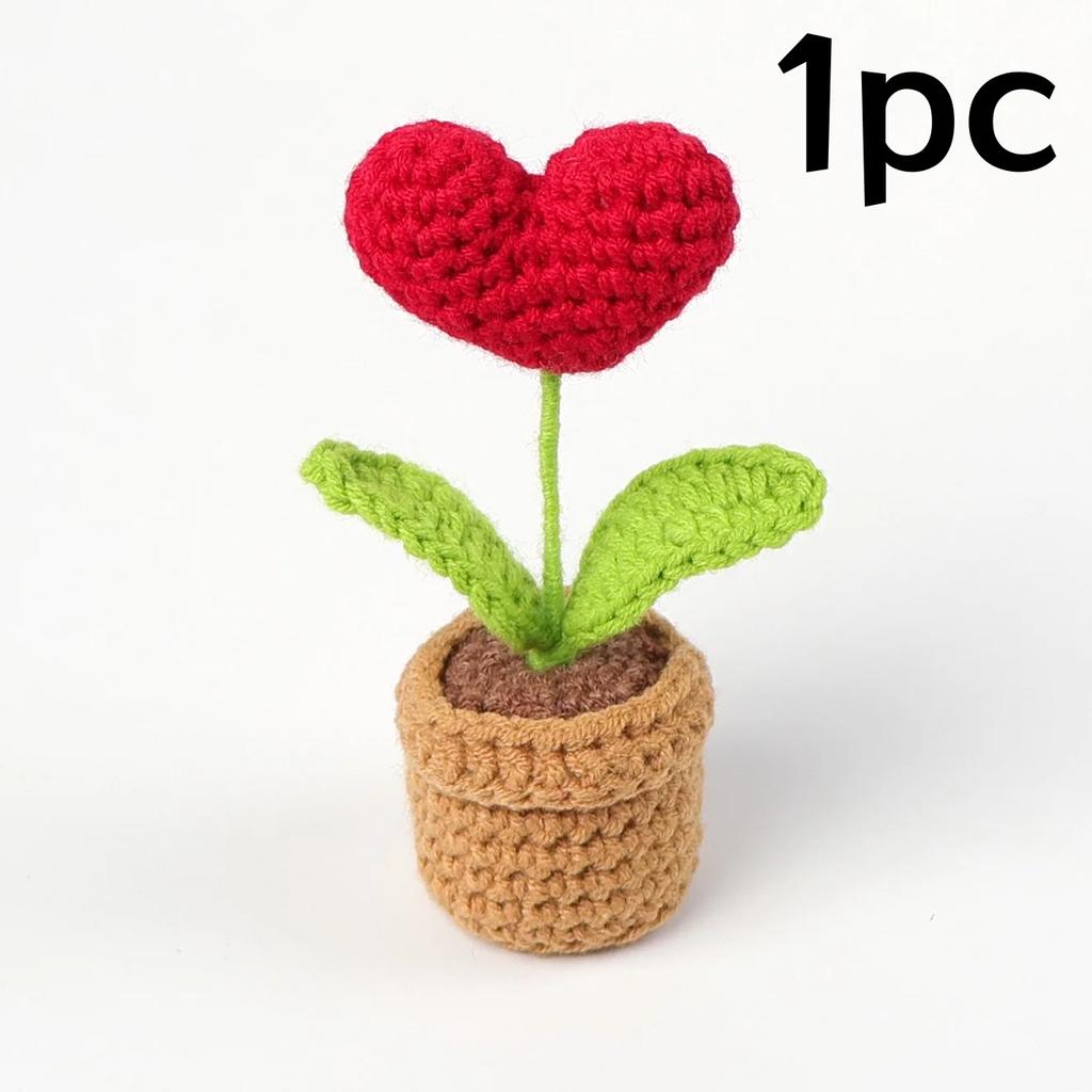 Lot de 1 ou 2 pots de fleurs tricotés à la main en forme de cœur rouge, imitation plante en pot, pour la Saint-Valentin, décoration de bureau ou de maison
