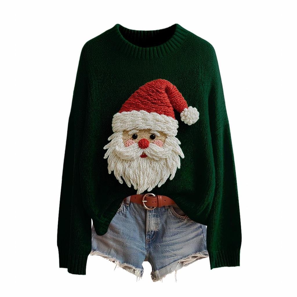Women's Fashion Christmas Print Pullover Long-Sleeve  Neck Knit Sweater Top