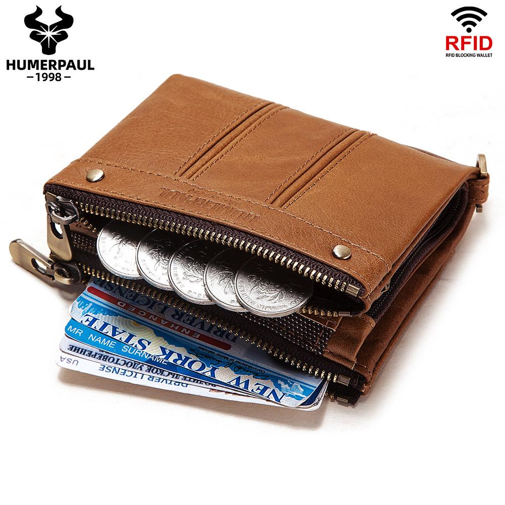 Humerpaul Genuine Leather Bifold Wallet For Men Slim RFID Blocking Credit Card Holder Credential Purse Zipper Coin Purse Male Money Bag