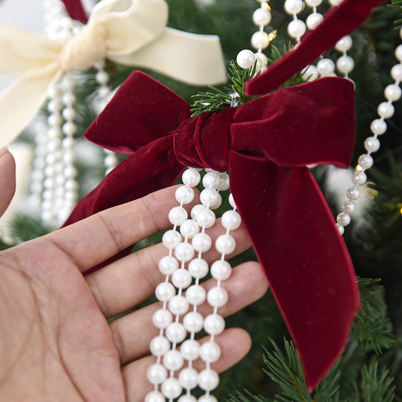 5PC Pearl Flocking Bow Christmas Tree Ornaments Xmas Tree Decor Hanging Pendants Window Wall Decor Home Party 2027New Year Gift