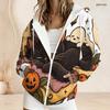 Women Plus Size Zip Up Hoodie Cute Bat Cat Pumpkin Floral Bow Print Long Sleeve Casual Hooded Sweatshirt