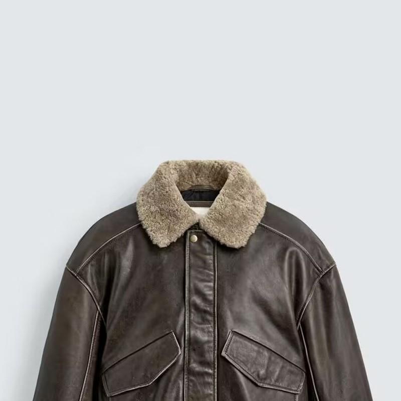 Mens Retro Color-Block Faux Shearling Collar Leather Jacket Casual Outerwear Winter
