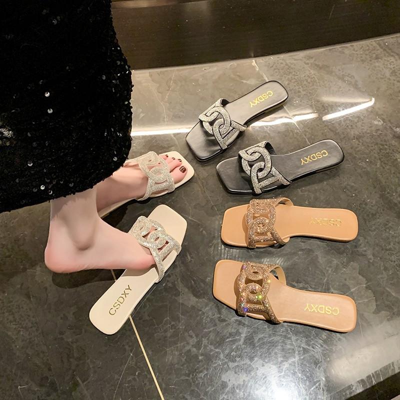 New Slippers Rhinestone Women Sandals Square Head Large Size Flats Slippers Sho