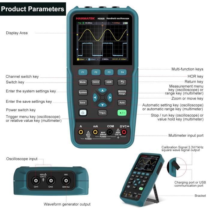 Oscilloscope Multimètre Générateur de Signaux 3 EN 1 HANMATEK HO52S