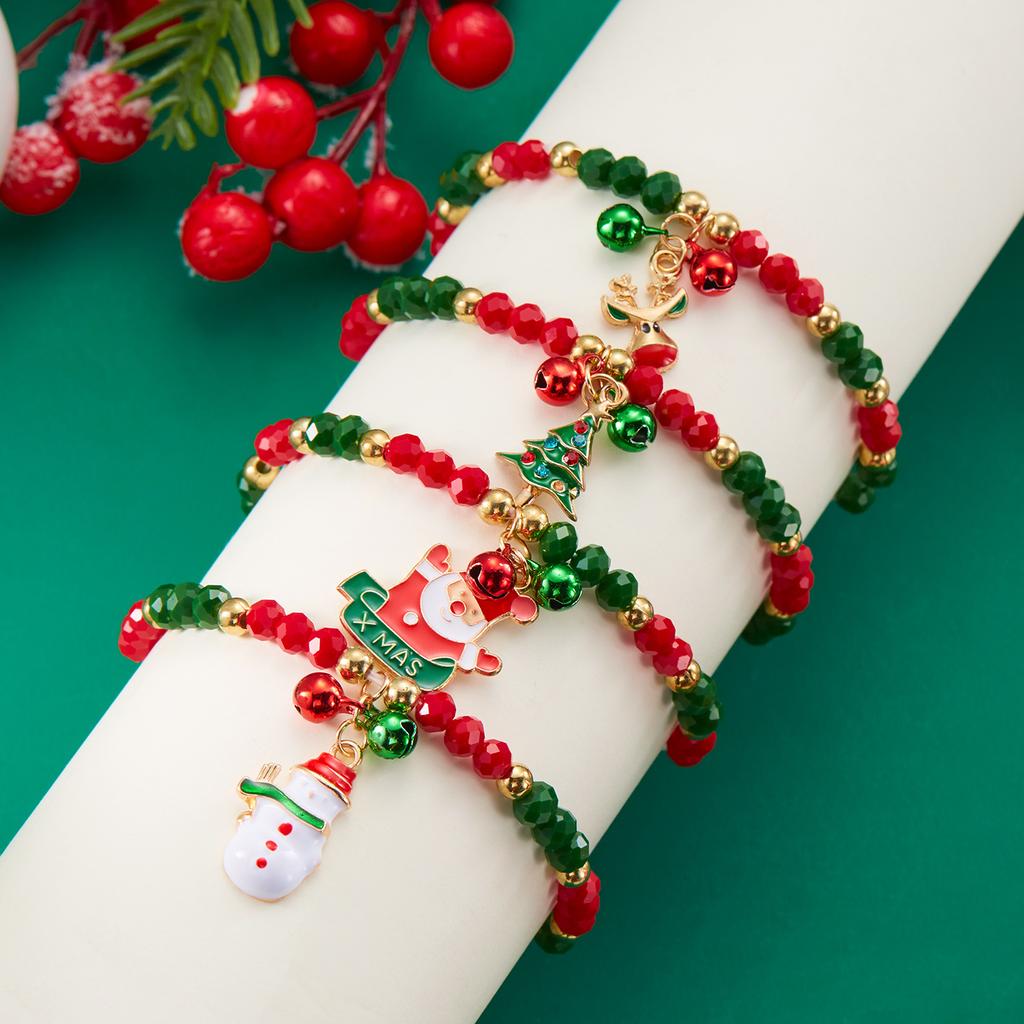 Trendy Small Crystal Bead Xmas Bracelet for Women Men Handmade Christmas Tree Snowman Elastic Bracelet Jewelry Gifts