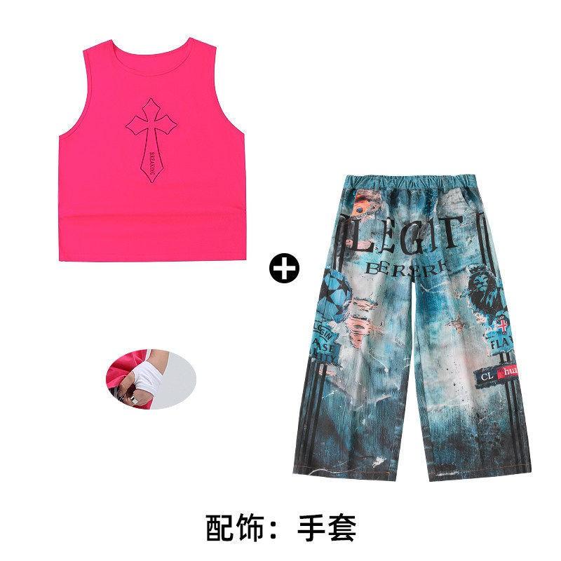 Kids Hip Hop Dance Outfit Set Boys Girls - Sleeveless Pink Top Navy Blue Pants With Accessories