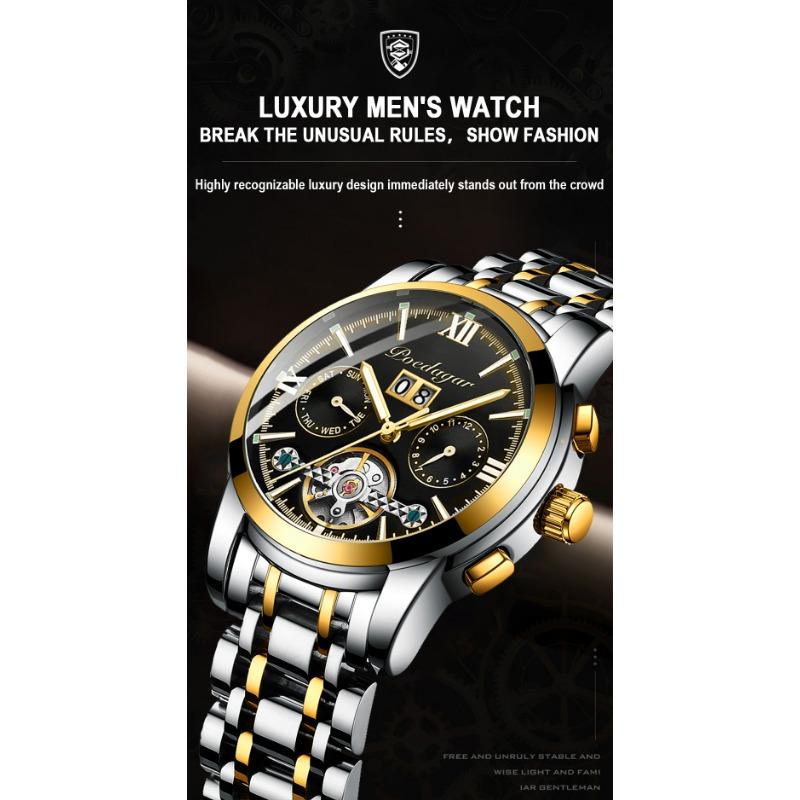 POEDAGAR Automatische mechanische Herrenarmbanduhr Hohl-Tourbillon Edelstahl-Uhr Wasserdicht Leuchtend Datum Uhren