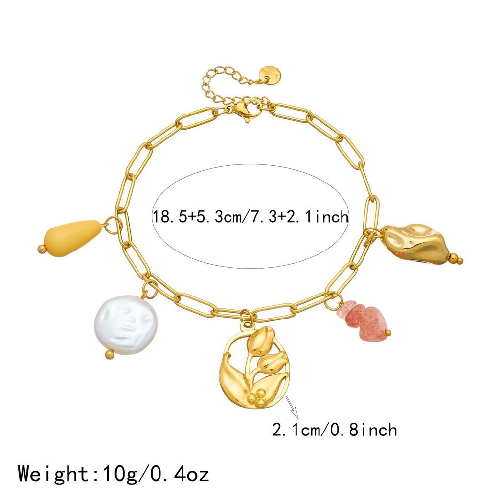 DIEYURO 316L Stainless Steel Golden Tulip Pearl Pink Crystal Bracelet Lady Fashion Waterproof Trend Hand Chain Jewelry Gift