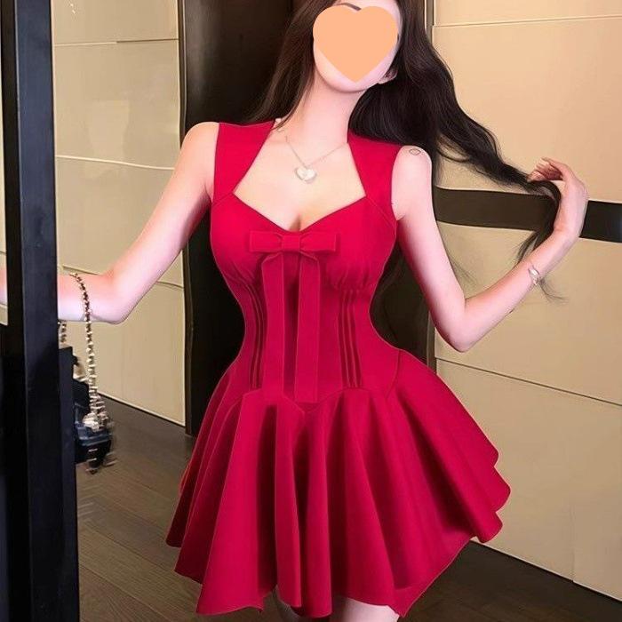 Elegant French Rose Bow Knot Dress - Slimming Waist, Summer Short Skirt for Special Occasions