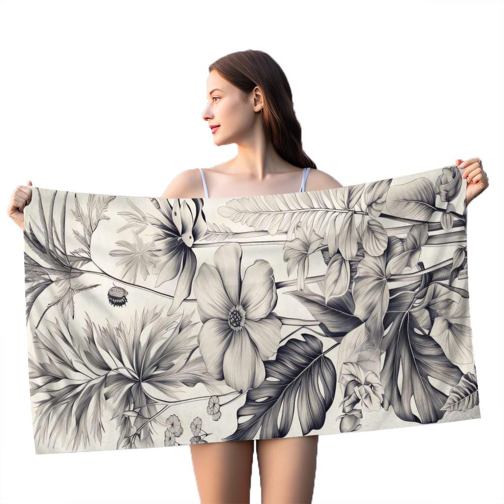 White-flowered Back Series digital-printed polyester Superfine fiber double-sided fleece Beach vacation bath towel, beach towel
