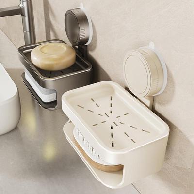 Punch-Free Wall-Mounted Double Layer Suction Cup Soap Dish with Drain - High-End Bathroom Storage