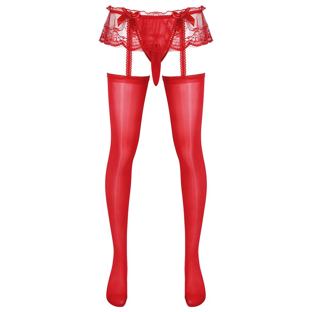 Pánské průsvitné krajkové kalhotky se sukýnkou, vykrojené, s vypouklou kapsou, G-string s lesklými podvazky