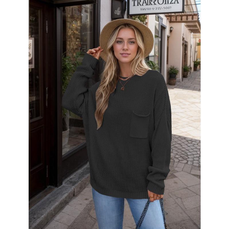 Winter Hot Sale Solid Color Chic Pocket Decorative Crew Neck Women's Bottom Knitted Sweater Pullover Sweater