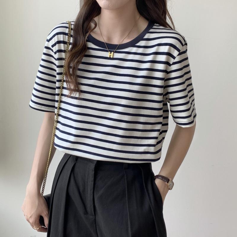 Casual striped t-shirt women's short-sleeved summer new student half-sleeved top loose versatile crew neck t-shirt ins