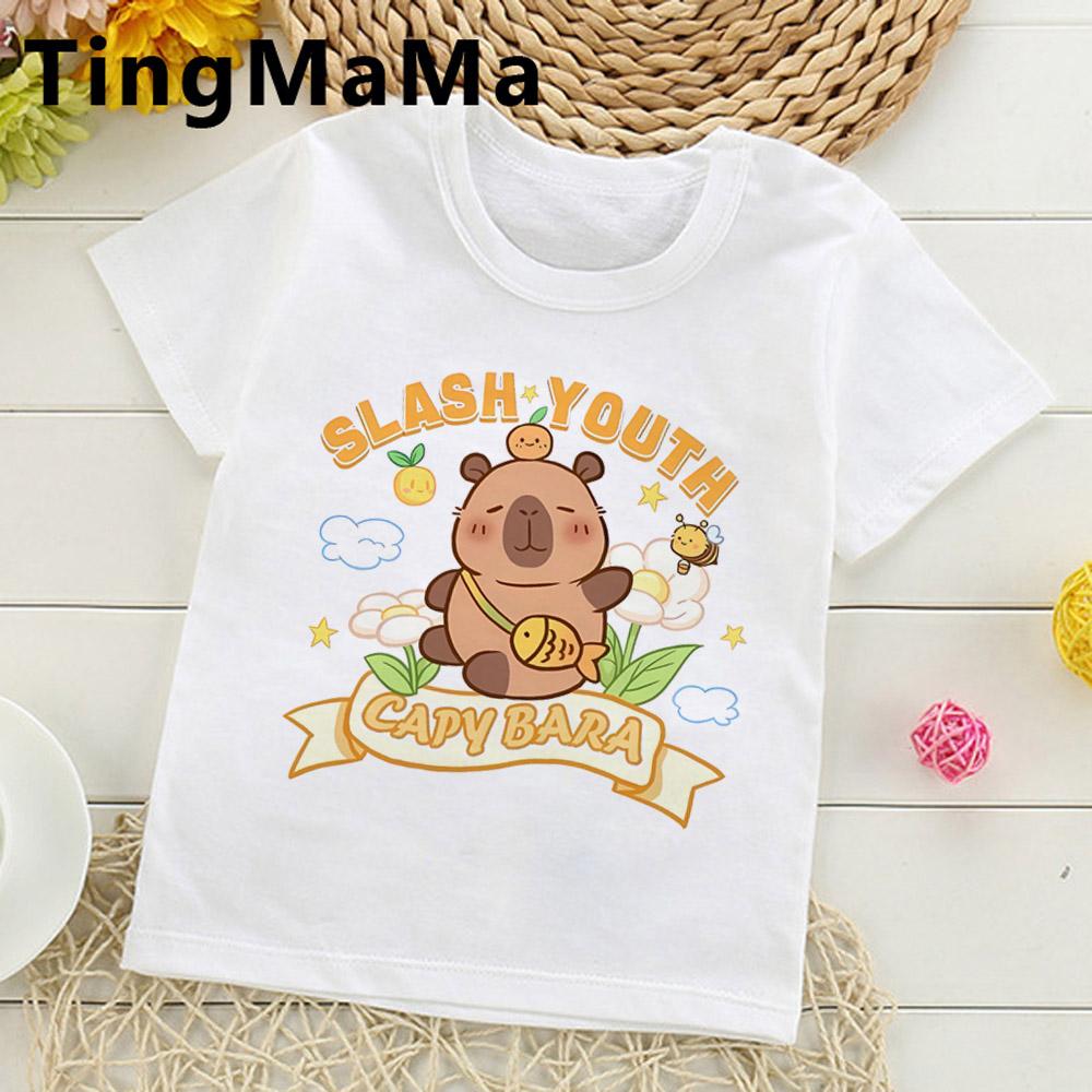 Women Men Capybara Tees Short Sleeved Clothes Boys Girls Round Neck Tops Couple Cute Cartoon Capybara