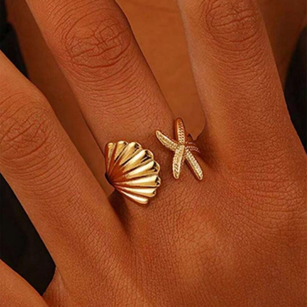 Vintage Stainless Steel Scallop Rings for Women Men Classic Ocean Starfish Shell Open Rings Aesthetic Jewelry Summer Beach Gift