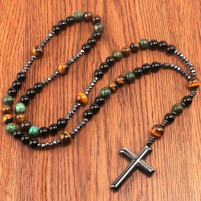 Bohemian Ethnic Style Bead Stone Cross Pendant Necklace, Men's and Women's Retro Trend Holiday Accessories